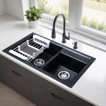 Black Quartz Double Bowl Kitchen Sink (34 x 20 x 9 Inches) - LIPKA
