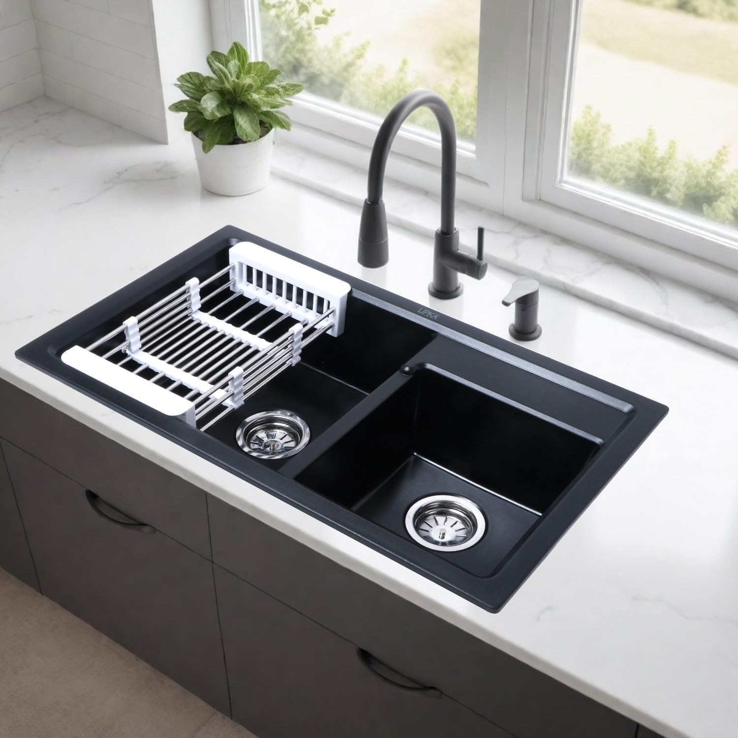 Black Quartz Double Bowl Kitchen Sink (34 x 20 x 9 Inches) - LIPKA Black Quartz Double Bowl Kitchen Sink (34 x 20 x 9 Inches) - LIPKA